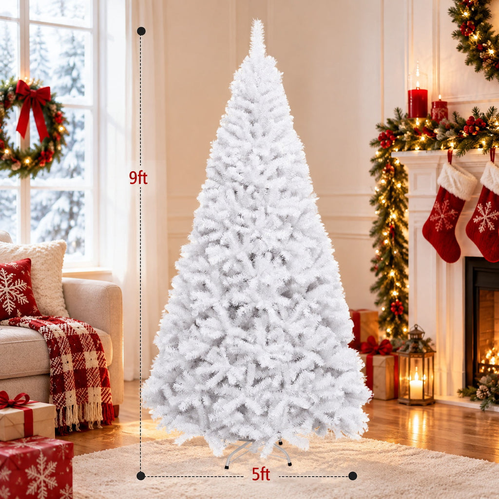 Airfind 6 / 7.5 / 9 Hinged Artificial Christmas Tree with Metal Stand-9 ft, PVC iron Frame, φ 3.8 ft x 6 ft Footprint, White