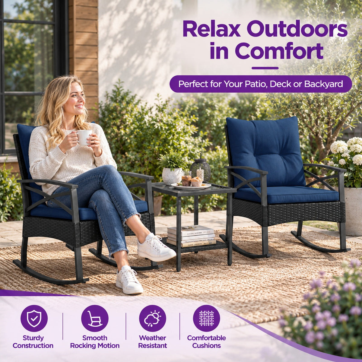 Airfind 3 Pieces Outdoor Rattan Rocking Chairs Set with 2-Tier Side Table for Garden Backyard, Table 100 lbs Capacity, 18 x 18 x 18.5 Footprint