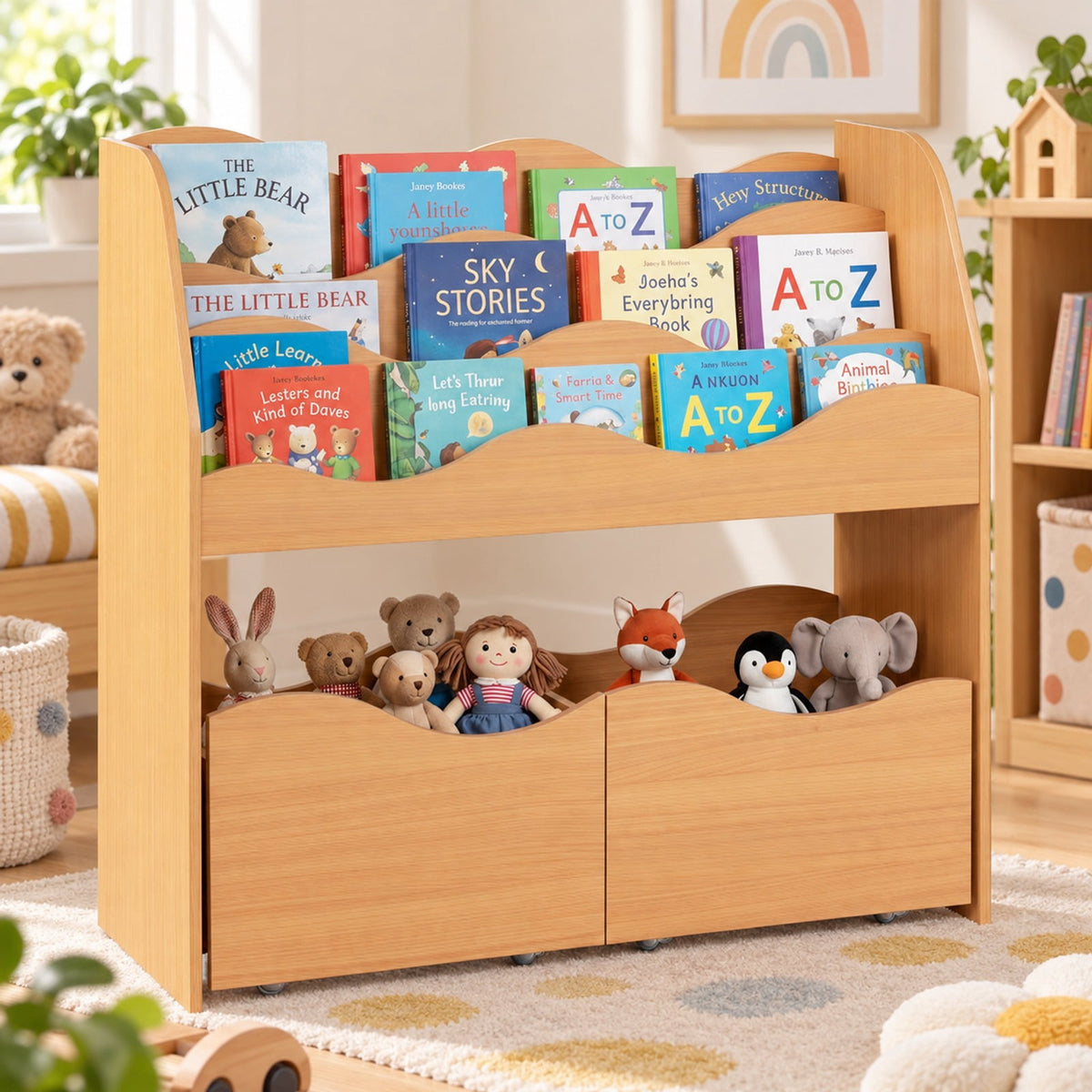 Airfind Kids Toy Wooden Storage Organizer with 2 Rolling Drawers for Kids Room, 11 lbs Capacity, Engineered Wood Frame, Natural