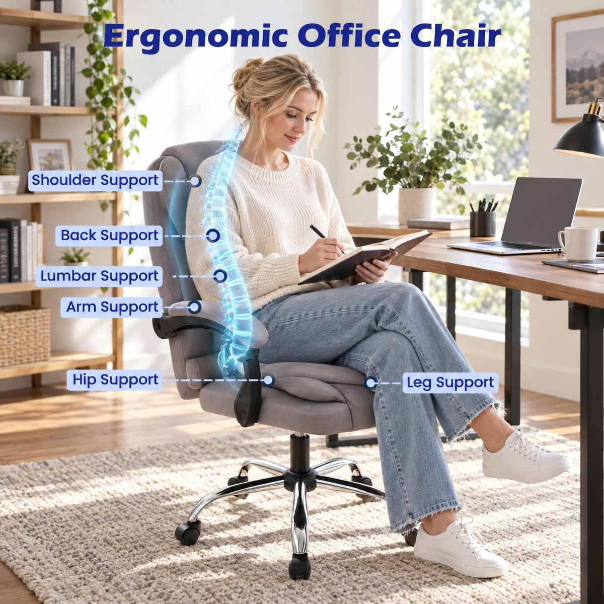 Airfind Big High Back Executive Chair with Linkage Armrests and Leather Padded Seat for Office, 330 lbs Capacity for Everyday Use, Gray