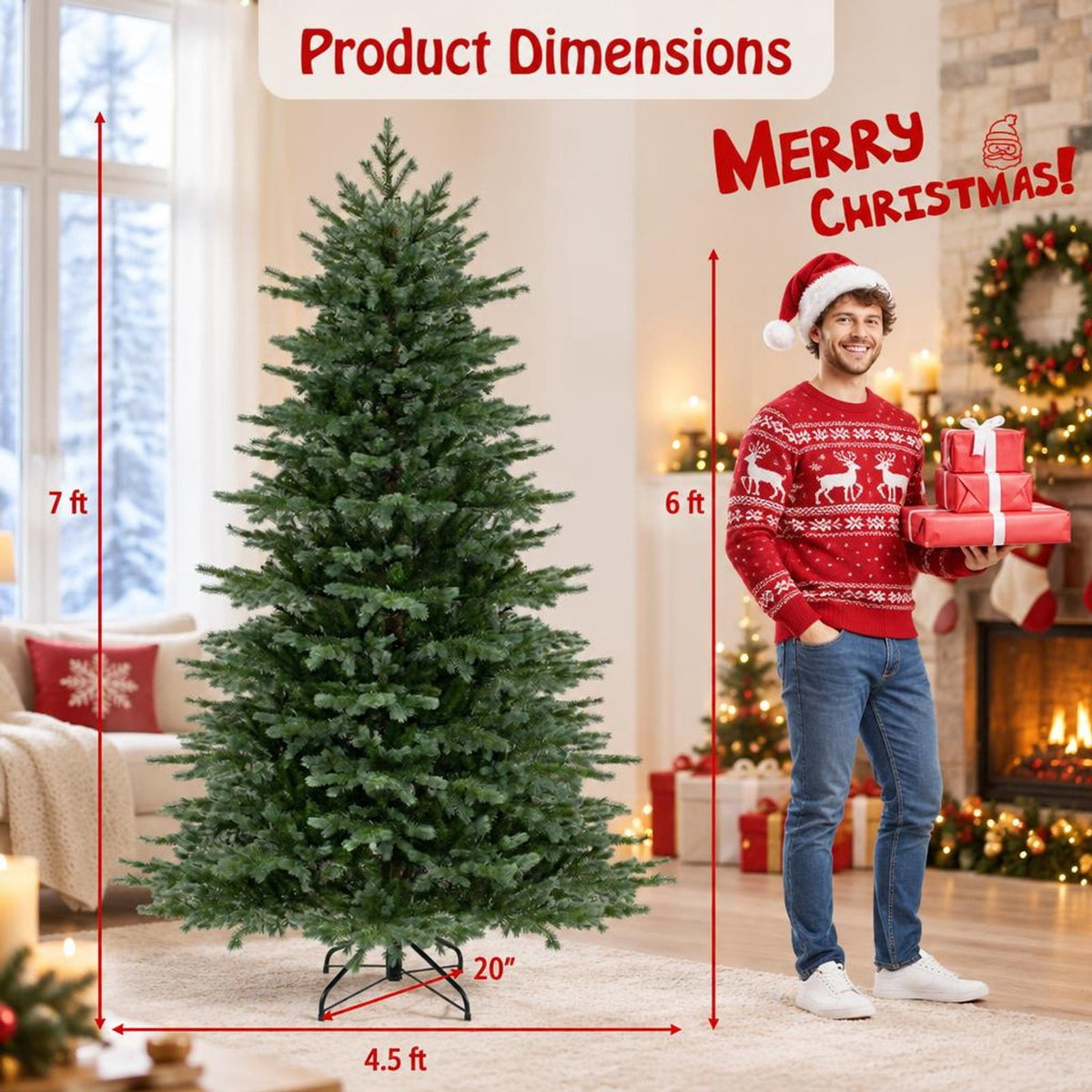 Airfind 7 Feet Artificial Christmas Tree with 3156 Lush PVC Branch Tips and 400 Warm White LED Lights, PVC PE Metal Frame, Green