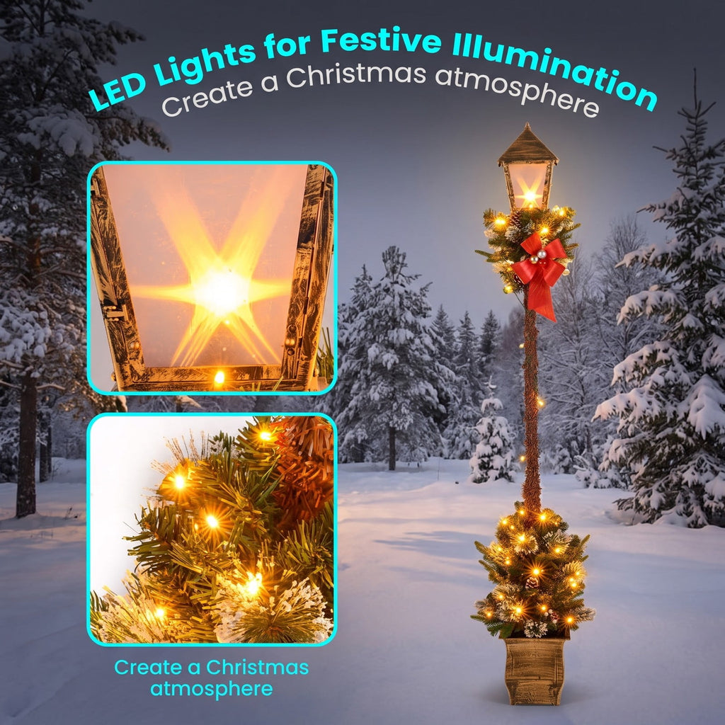 Airfind 6.1 Feet Christmas Pre-lit Street Lamp with Artificial Greenery and Snow-flocked Branch Tips, Metal Plastic Frame, 9in x 9in x 6.1ft Footprint