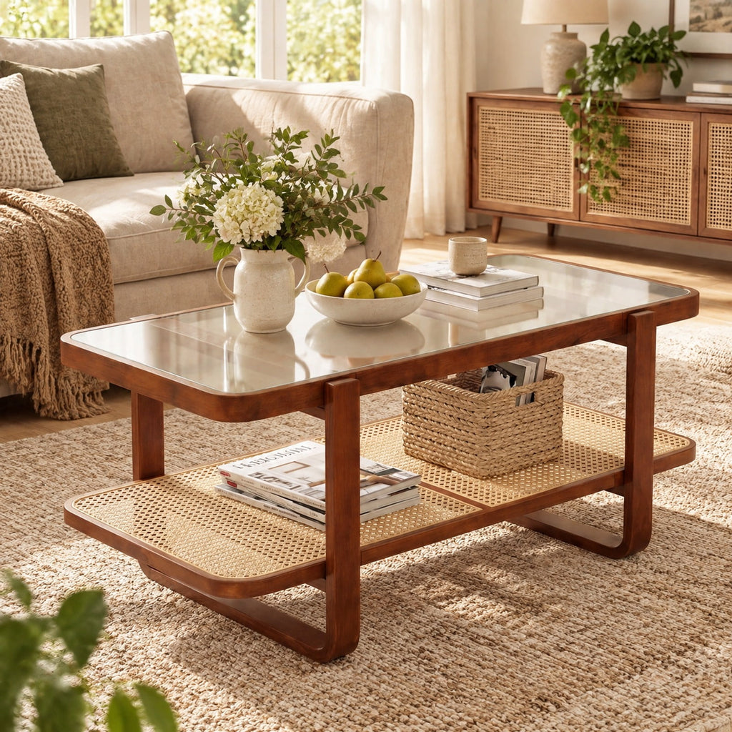 Airfind Coffee Table, Rattan Table with Tempered Glass Top and Storage Shelf, 220 lbs Capacity, Tempered Glass PE Rattan Plywood Frame, Walnut