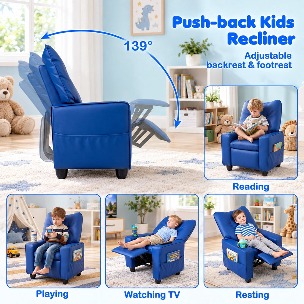 Airfind Youth Recliner featuring Cup Holder Armrests and Adjustable Backrest for Playroom, Wood Frame, 24 Inch x 21 Inch x 30 Inch Lying Footprint, Blue