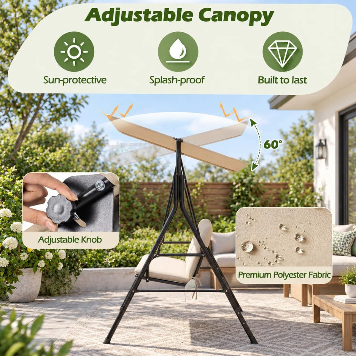Airfind 3-Seat Patio Swing Chair with Adjustable Canopy and Removable Cushion, 800 lbs Capacity, Metal Polyester Fabric Sponge Mesh Fabric Frame