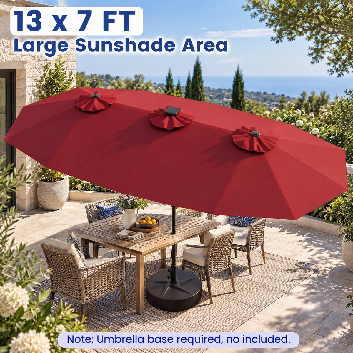 Airfind 13 FT Double-Sided Patio Umbrella with Color-Changing Flowing Solar LED Lights, Polyester Fabric Metal Frame, 13 x 7 ft Footprint, Red