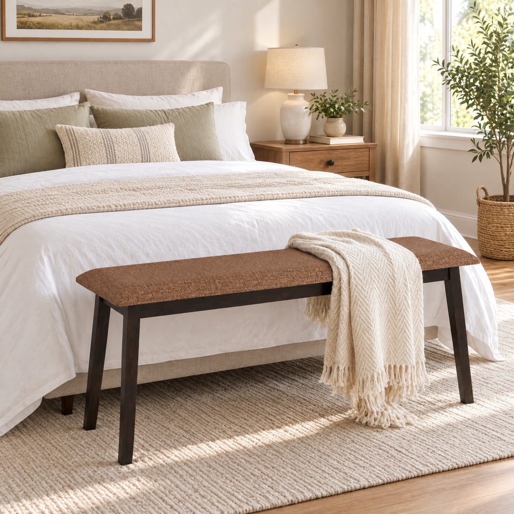 Airfind 43.5 Inch Upholstered Entryway Bench with Rubber Wood Frame, 550 lbs Capacity, Faux Linen Fabric Frame, 43.5 Inch x 14 Inch x 18 Inch Footprint, Brown