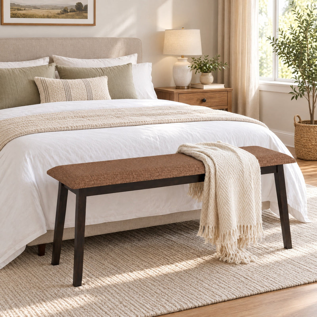 Airfind 43.5 Inch Upholstered Entryway Bench with Rubber Wood Frame, 550 lbs Capacity, Faux Linen Fabric Frame, 43.5 Inch x 14 Inch x 18 Inch Footprint, Brown