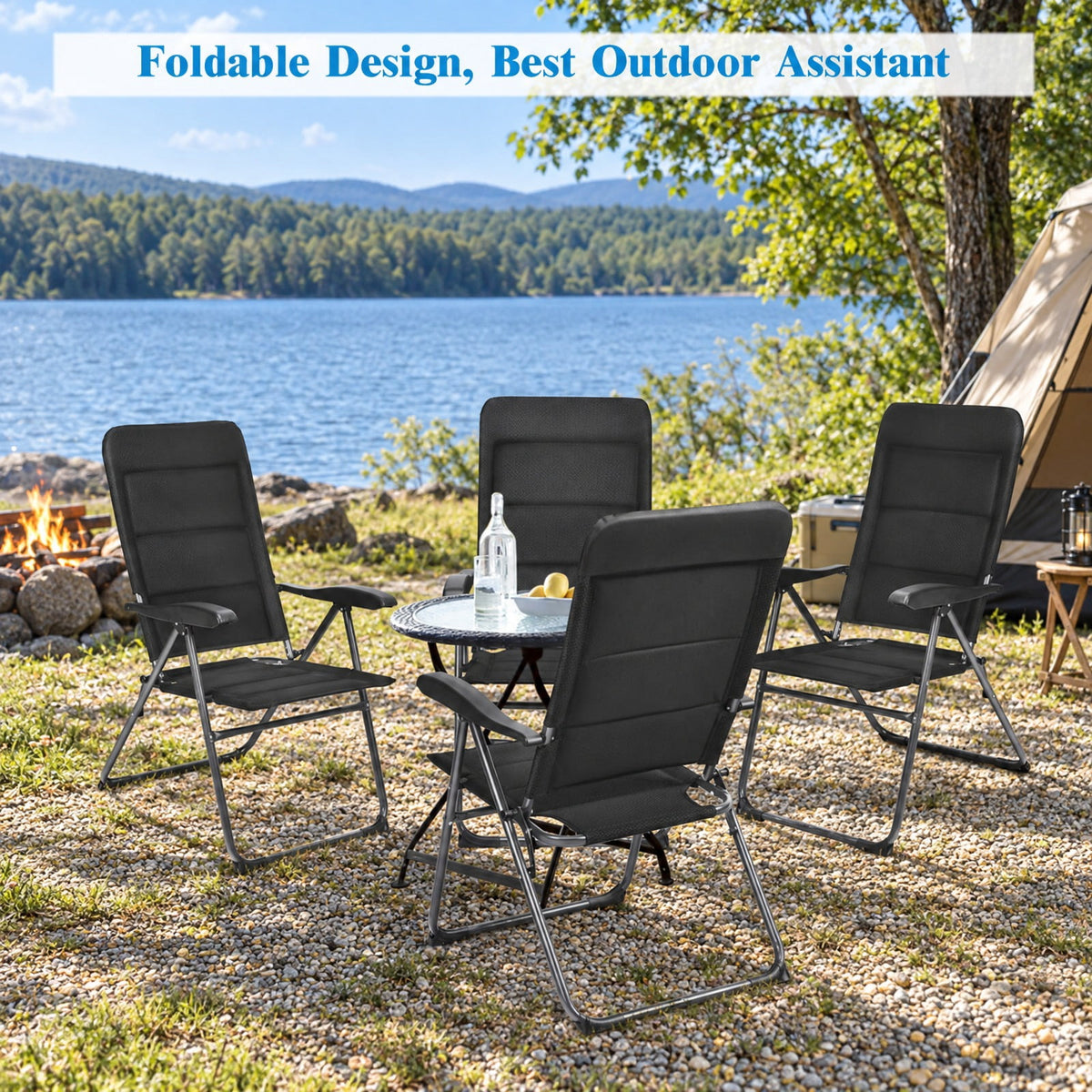 Airfind Set of 4 Patio Folding Chairs with Adjustable Backrest, 300 lbs Capacity, Steel oxford fabric sponge Frame, 28 x 23 x 40 Footprint, Black