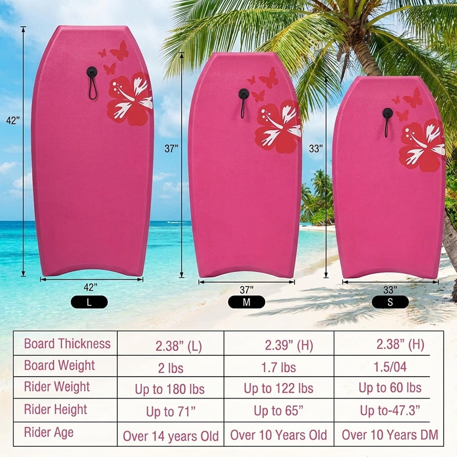 Airfind 37 Inch IXPE Bodyboard for Teens ¡ª Cool-Touch Deck, EPS Core, HDPE Slick Bottom, Crescent Tail, Coiled Wrist Leash Included (Pink)