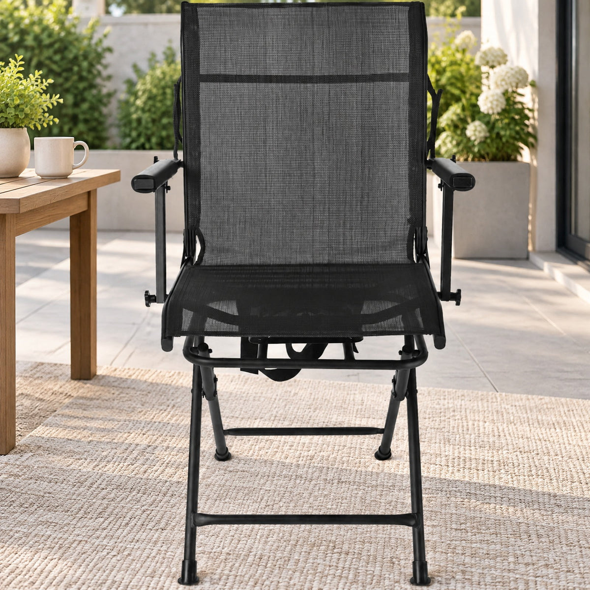 Airfind Foldable Swivel Hunting Chair with Mesh Back, Armrests and Wide Feet, 330 lbs Capacity for Ground Blind and Outdoor Use, Black