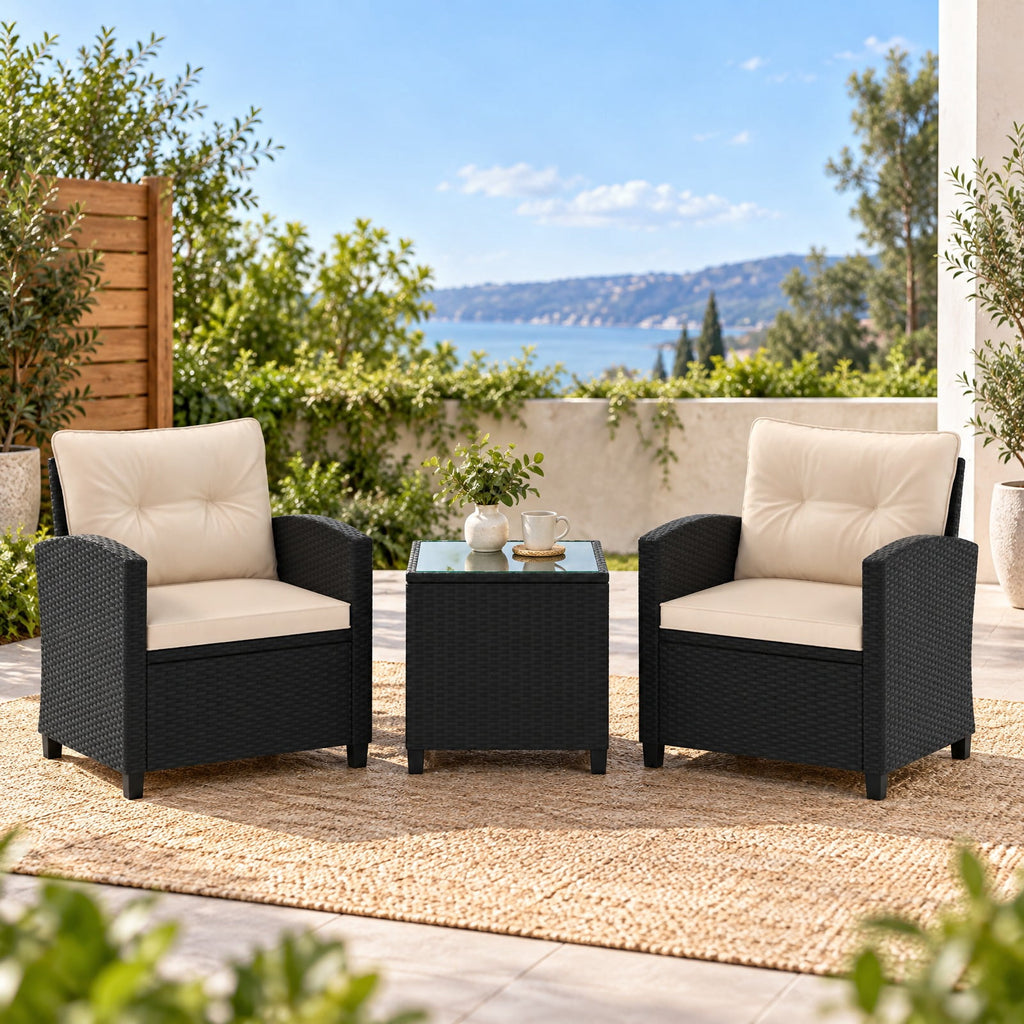 Airfind 3 Pieces Patio Furniture Set with Tempered Glass Coffee Table, 400 lbs Capacity, PE Rattan Metal Tempered Glass Polyester Sponge Frame