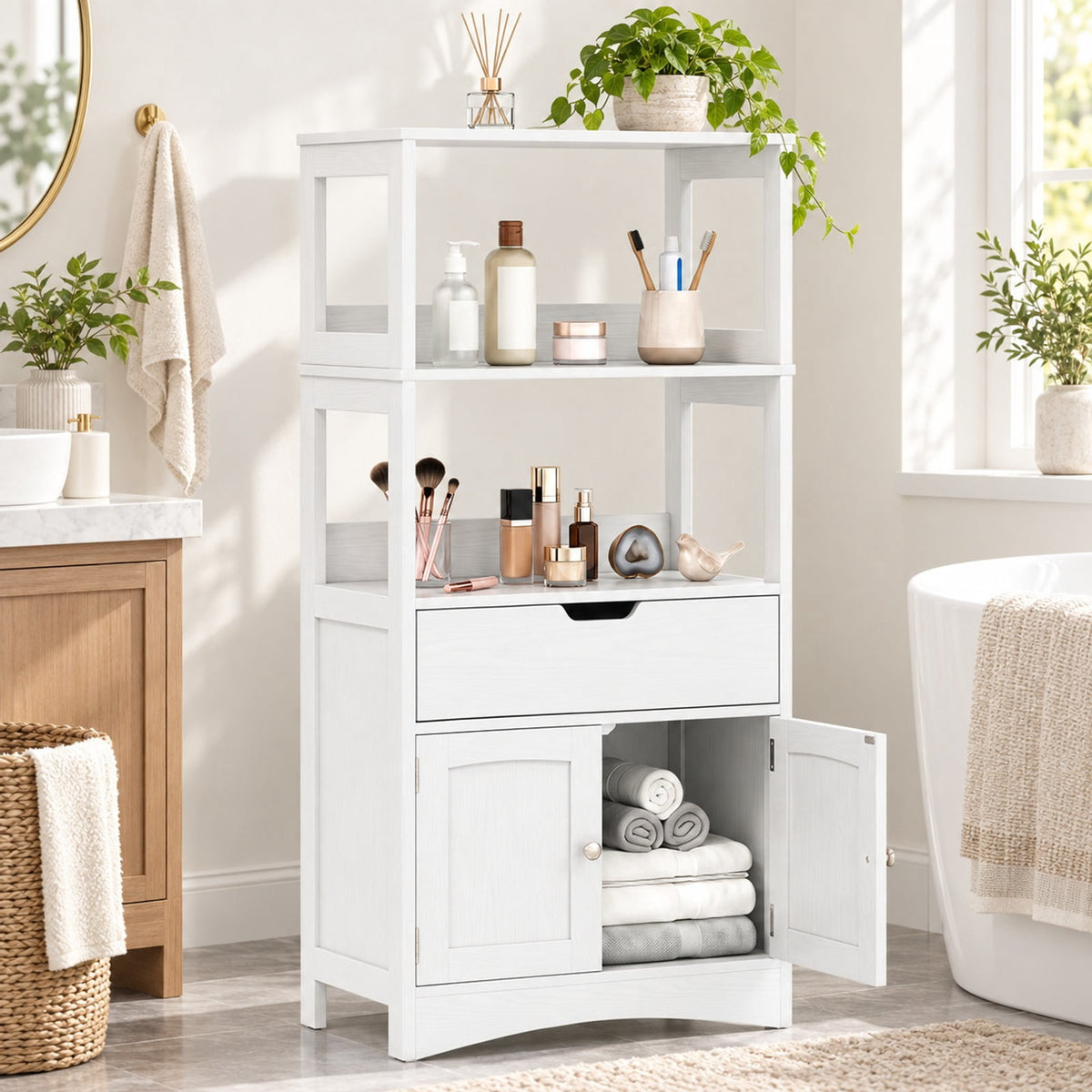 Airfind Bathroom Storage Cabinet with Open Shelves and Drawer, 110 lbs Capacity, Engineered Wood Frame, 24in x 13in x 48in Footprint, White