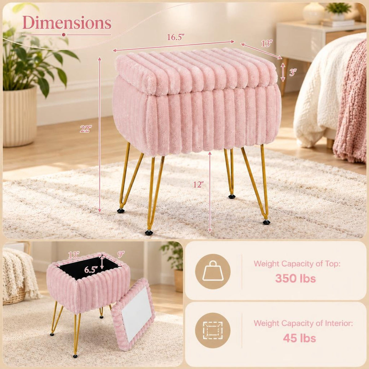 Airfind Vanity Stool with Storage and Reversible Lid Faux Fur Upholstered Ottoman, 16.5 x 13 x 22Lid Footprint, Pink