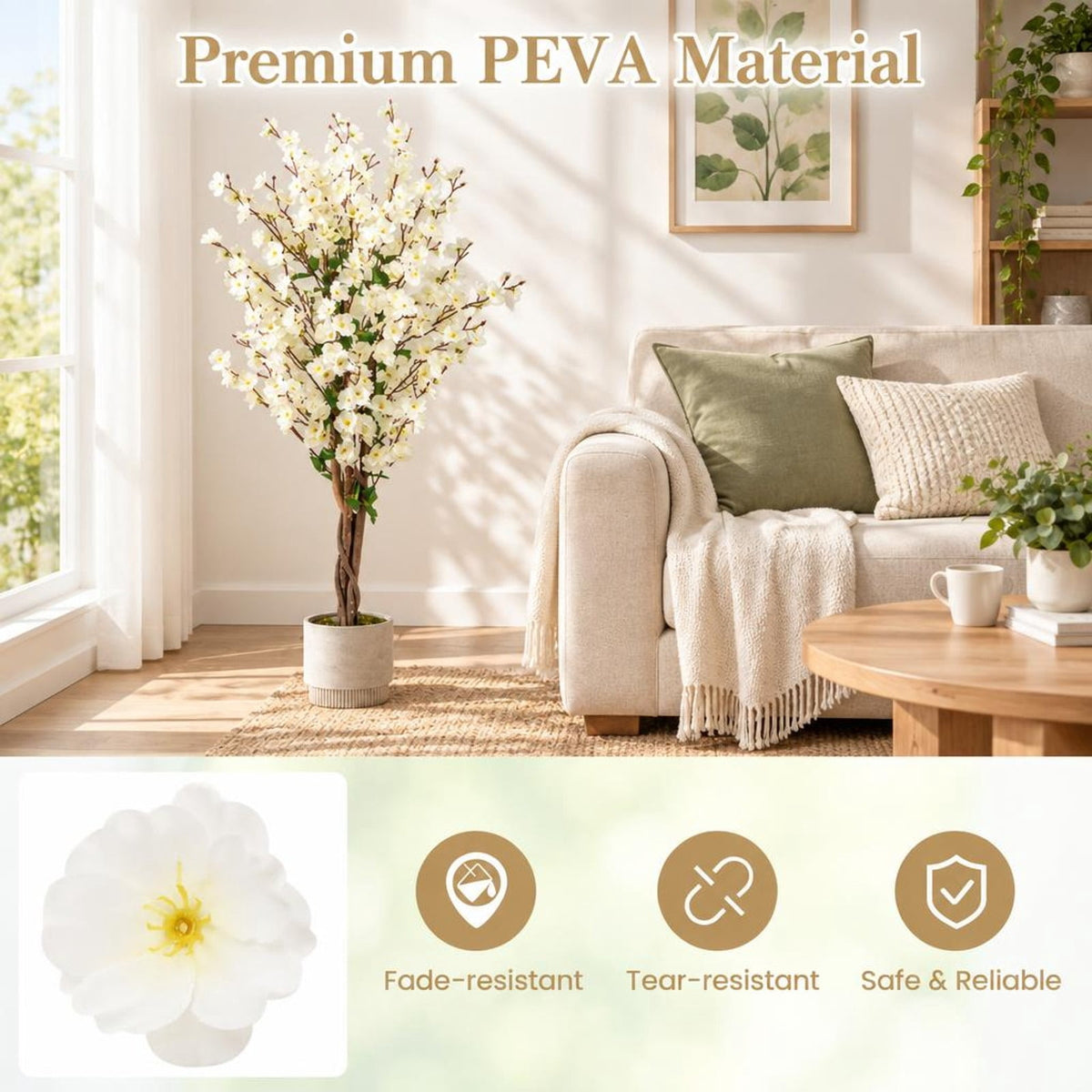AIRFIND Artificial Plum Blossom Tree 47 in with White Fabric Flowers, Wood Trunk and Cement-Filled Pot for Home and Office Decor