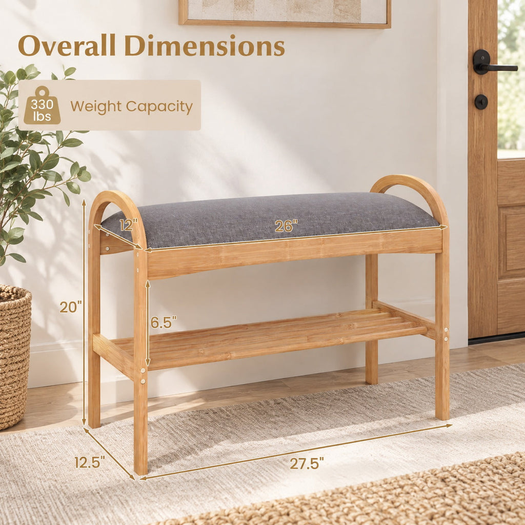 Airfind 2-Tier Bamboo Shoe Bench with Padded Cushion and Shelf, 330 lbs Capacity, Bamboo Polyester Fabric Sponge Frame, Gray