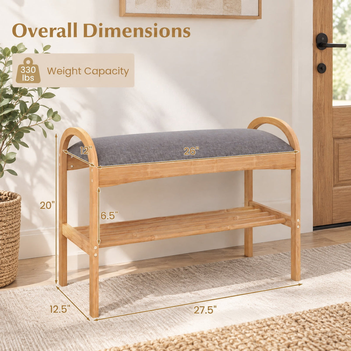 Airfind 2-Tier Bamboo Shoe Bench with Padded Cushion and Shelf, 330 lbs Capacity, Bamboo Polyester Fabric Sponge Frame, Gray
