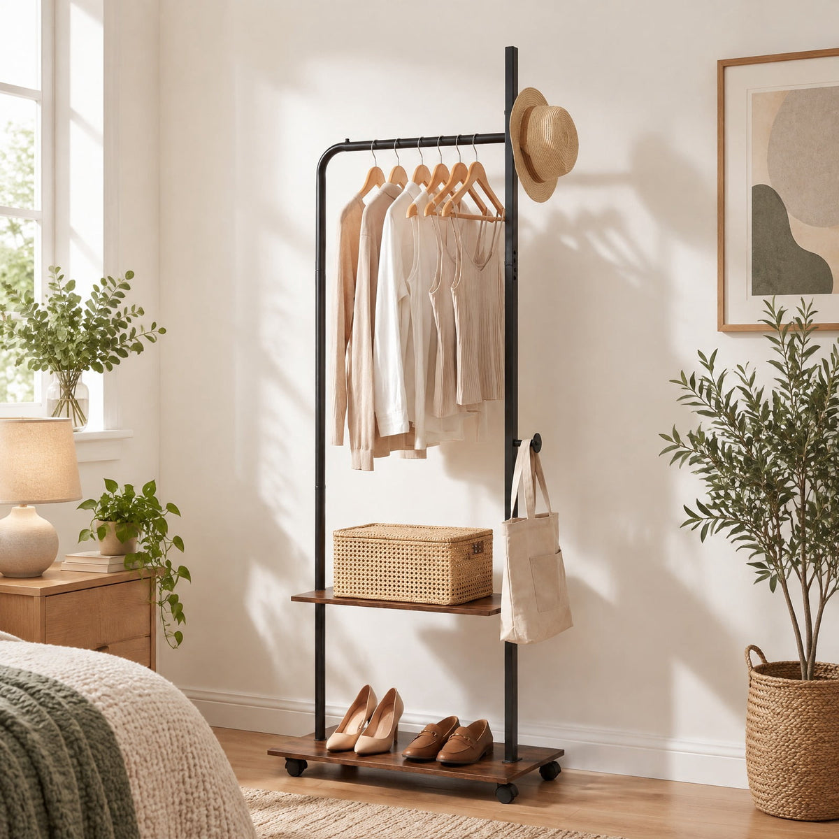 Airfind Freestanding Clothing Rack with Wheels and Storage Shelves for Entryway and Bedroom, 120 lbs Capacity, Engineered Wood Metal Frame, Brown