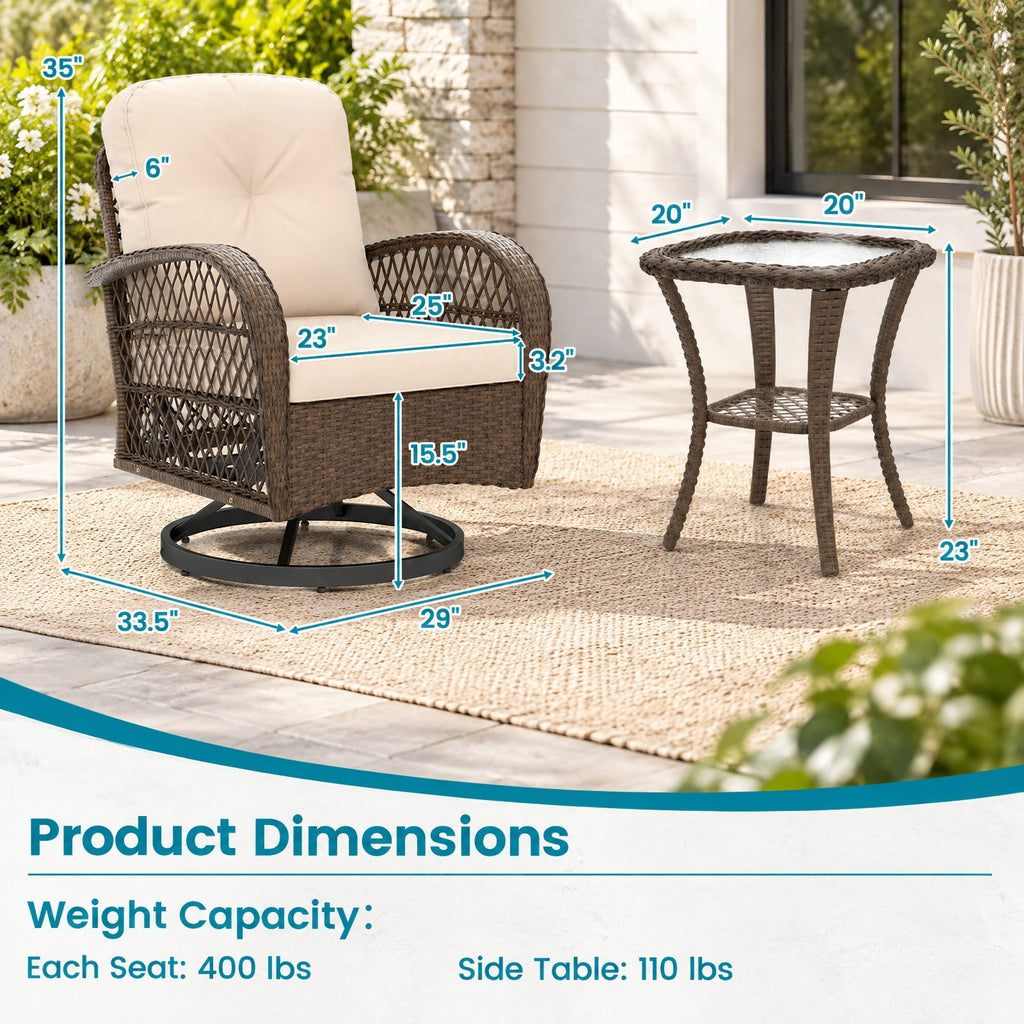 Airfind 3 Piece Patio Swivel Rocker Set with Tempered Glass Side Table and Thick Cushions, Seat 400 lbs Capacity, 33.5 x 29 x 35 Footprint, Brown
