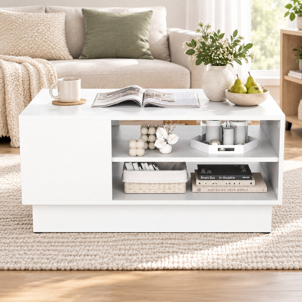 Airfind Modern Coffee Table with 2-Tier Open Storage Shelves, 132 lbs Capacity, Engineered Wood Frame, 34 x 22 x 16 Footprint, White