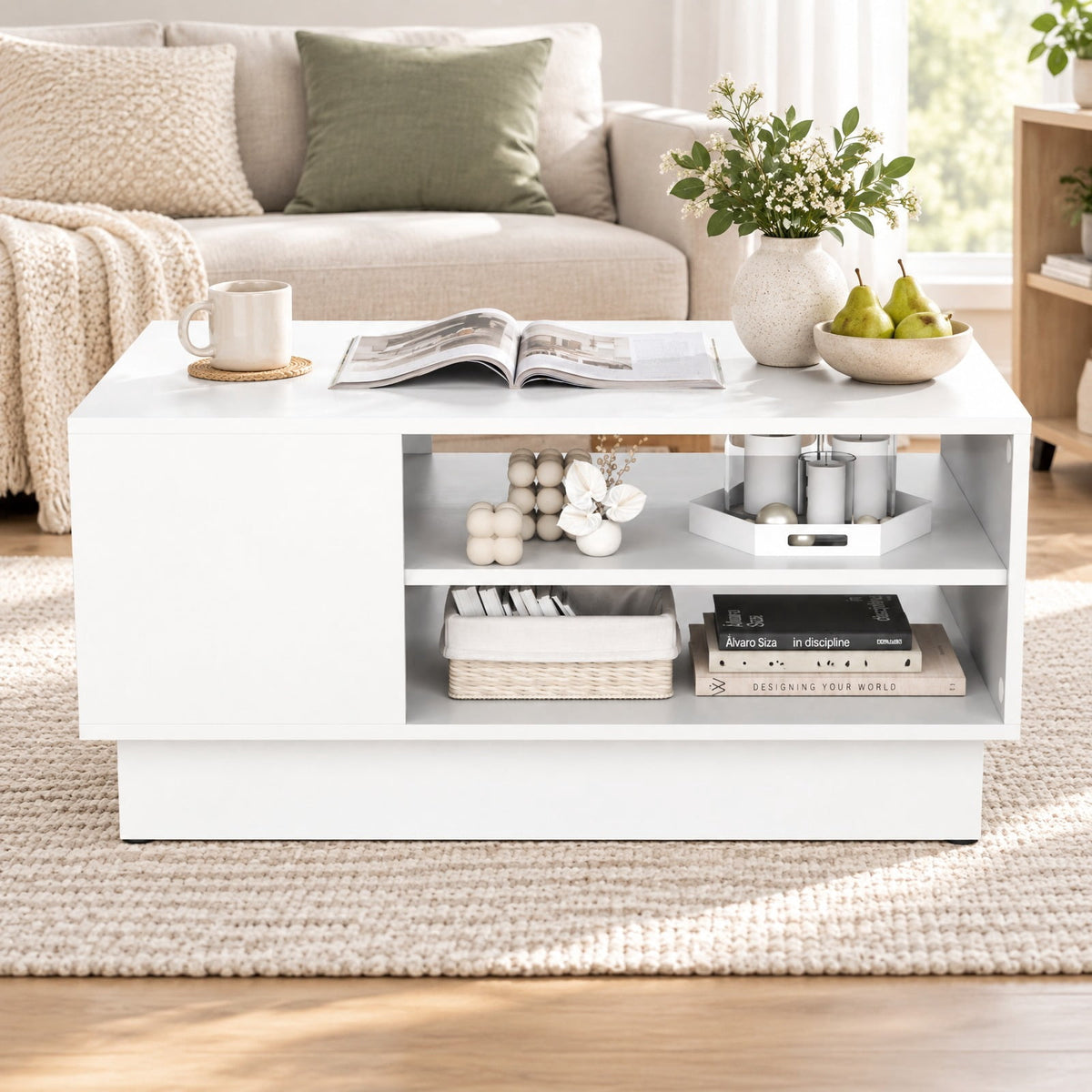 Airfind Modern Coffee Table with 2-Tier Open Storage Shelves, 132 lbs Capacity, Engineered Wood Frame, 34 x 22 x 16 Footprint, White
