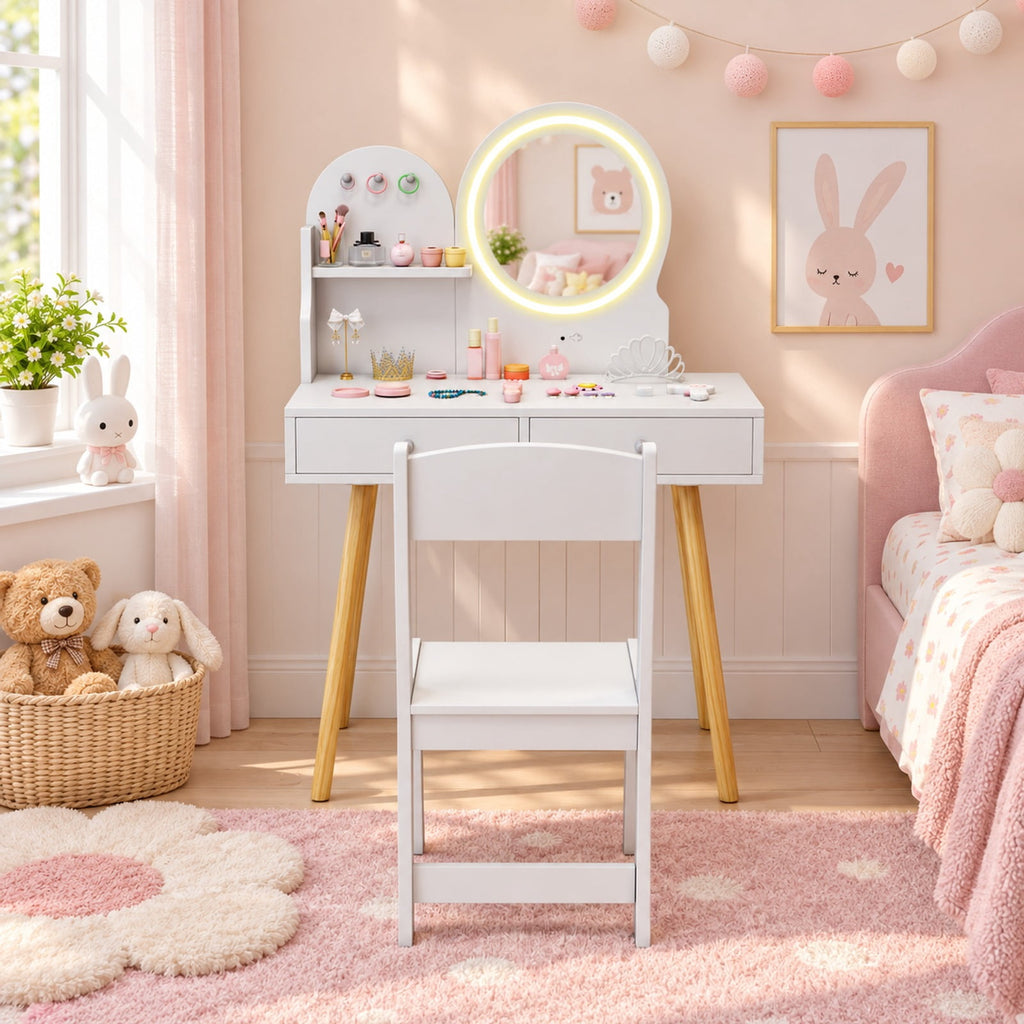 Airfind Kids Princess Makeup Dressing Desk and Chair Set with Mirror and Lights, 110 lbs Capacity, MDF Frame, for 3+ years old, White