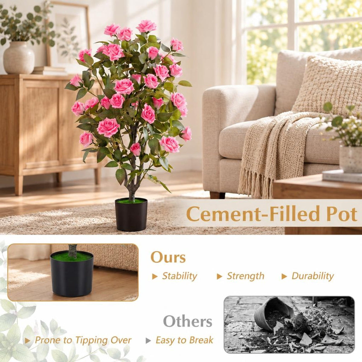 Airfind Artificial Rose Tree, 35.5 Inch, with Blooming Flowers and Leaves for Indoor, Silk Fabric Rubberized Fabric PE PP Tree Height 35.5 Inch Frame, Pink