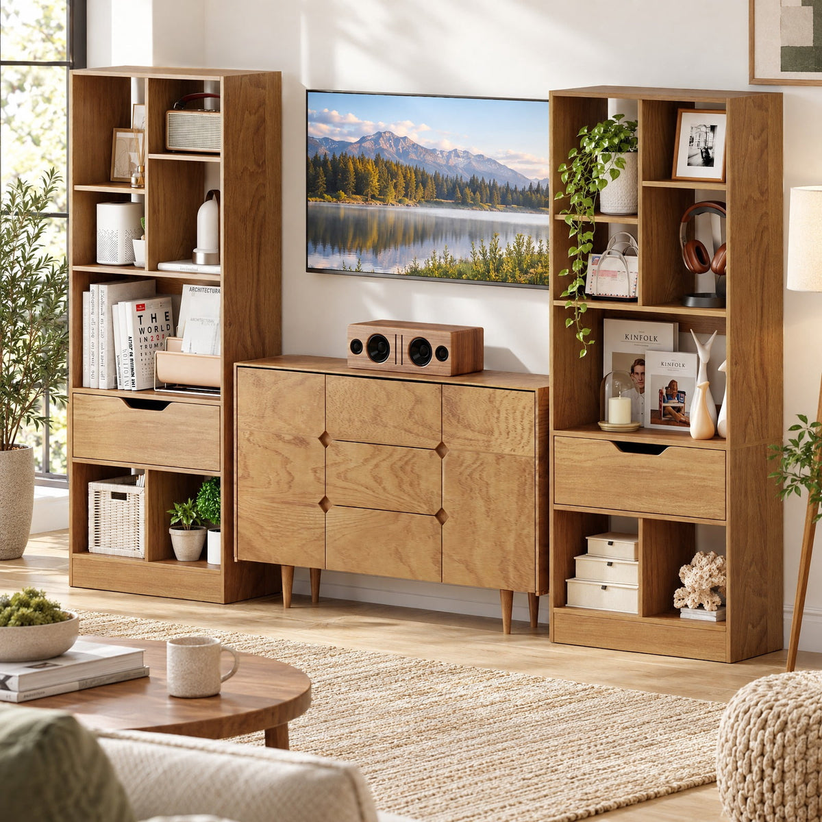 Airfind 51inch Tall Freestanding Bookcase with Drawer 7-Cube Storage Organizer, 165 lbs Capacity, Engineered Wood MDF Frame, Natural