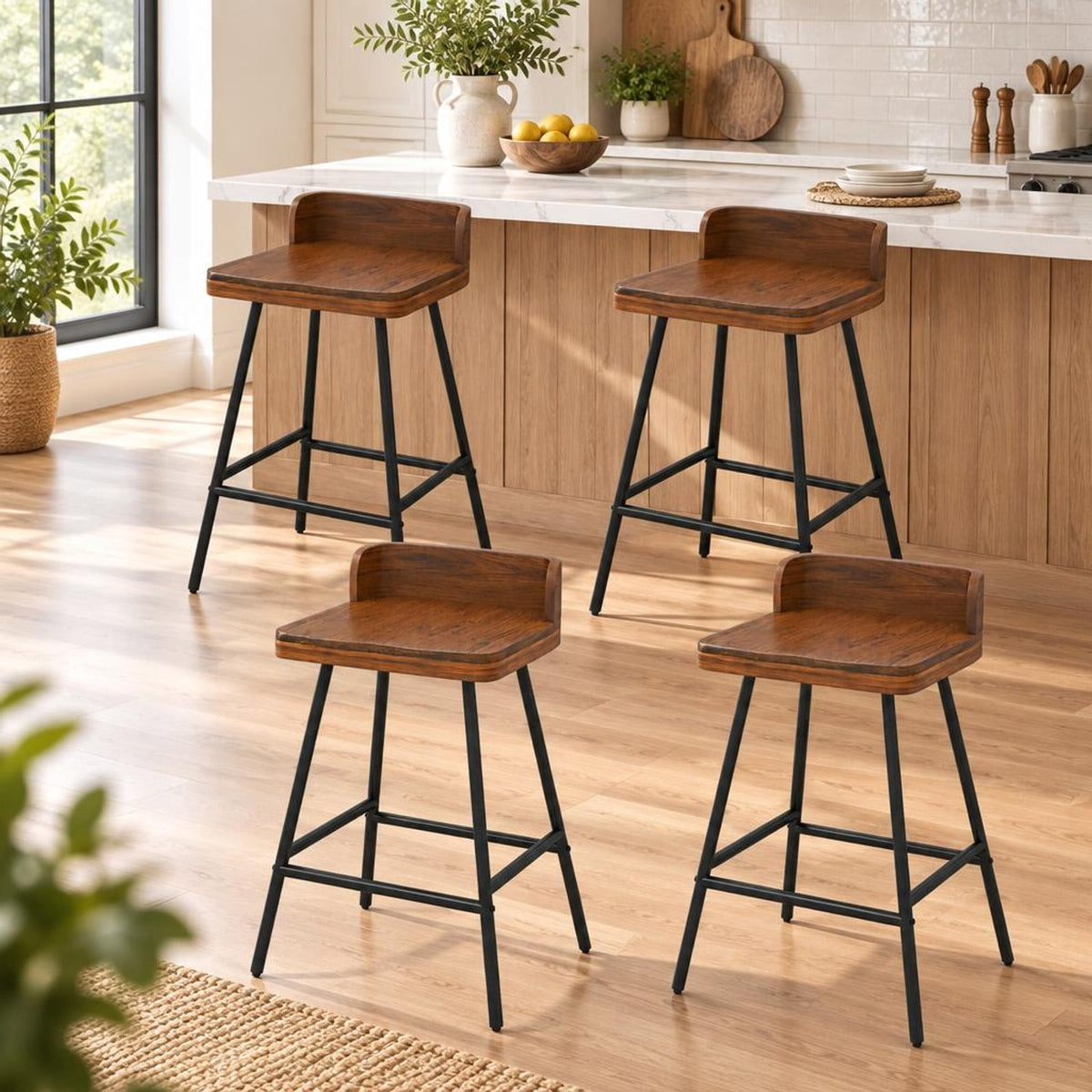 Airfind 24 Inch Industrial Rubber Wood Bar Stool with Low Back Metal Legs and Footrest, 330 Lbs Capacity, Rubber Wood Metal, Brown