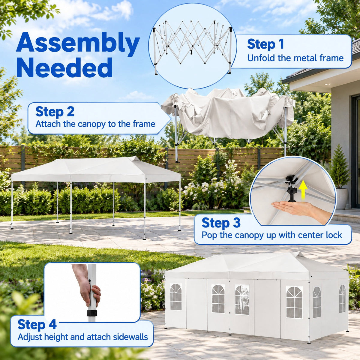 Airfind 10 x 20 FT Pop Up Canopy Tent with 6 Sidewalls and Adjustable Height, PE Metal Fabric Frame, 20 x 10 x 8.5/8.2/7.9 ft Footprint, White