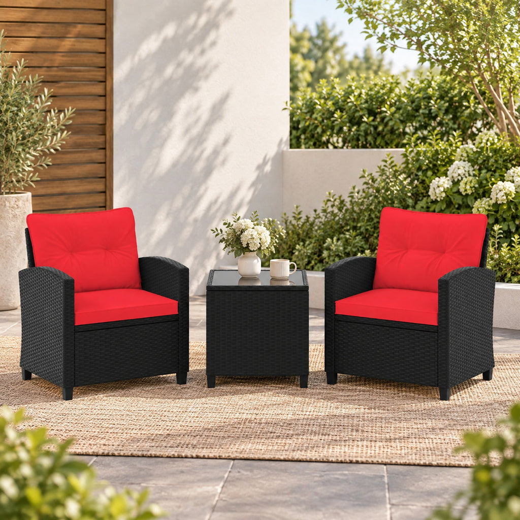 Airfind 3 Pieces Patio Furniture Set with Tempered Glass Coffee Table, 400 lbs Capacity, PE Rattan Metal Tempered Glass Polyester Sponge Frame, Red