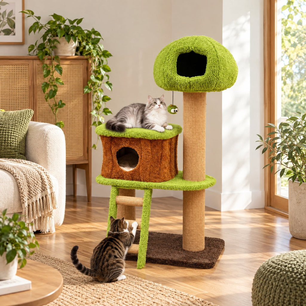 Airfind Cute Cat Tree for Indoor Cats with Mushroom-shaped Nest Condo and Climbing Ladder, 30 x 20 x 56 Cat Condo Footprint, Green