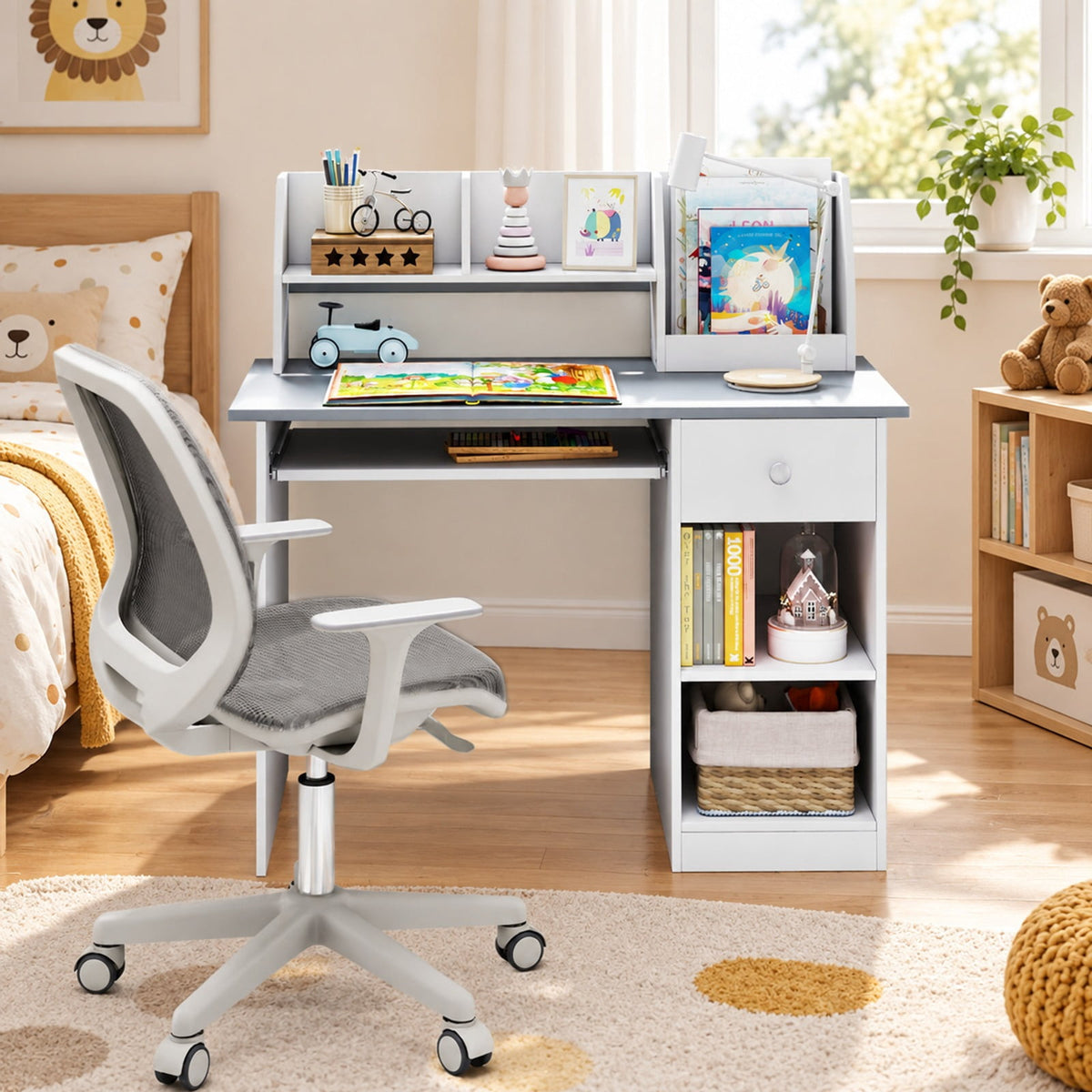 Airfind Kids Study Desk Children Writing Table with Hutch Drawer Shelves and Keyboard Tray, 200 lbs Capacity, Engineered Wood Frame, Grey