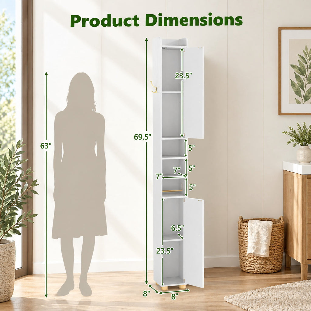 Airfind Narrow Bathroom Storage Cabinet featuring Open Shelves and Toilet Paper Holder, 11 lbs Capacity, Engineered Wood Metal Plastic Frame, White