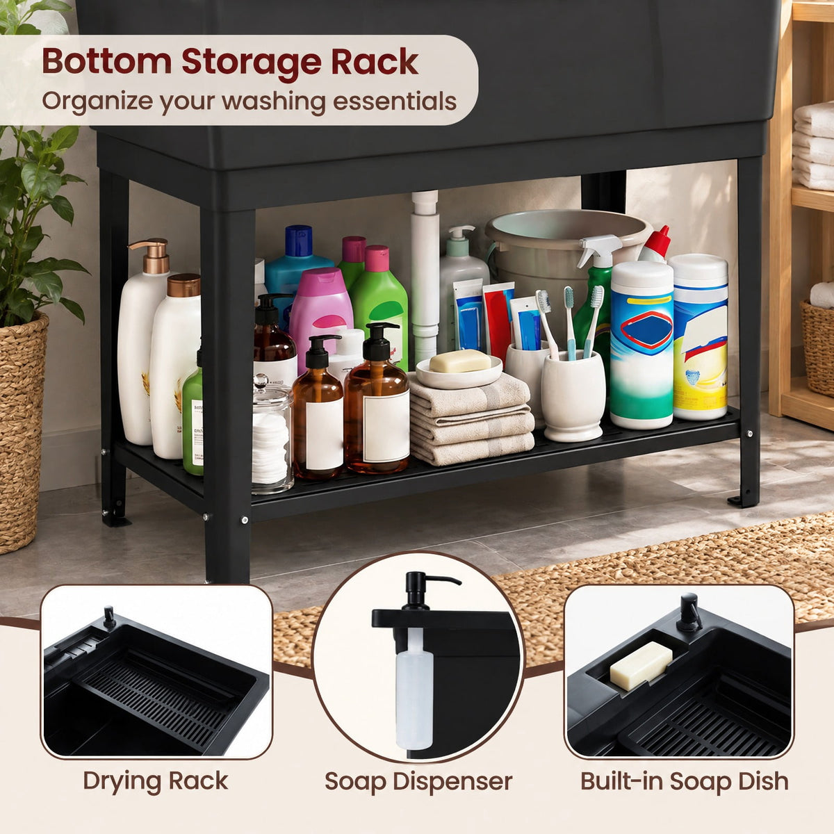 Airfind 100L Utility Sink Laundry Tub with Rotating Faucet and Storage Shelf, Sink 155 lbs Capacity, Metal ABS PP PE Stainless Steel Frame, Black