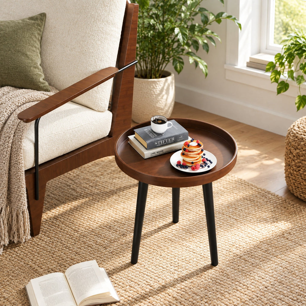 Airfind Mid Century Modern Round Side Sofa Coffee Table with Wooden Tray, 33 lbs Capacity, MDF panel bamboo feet Frame, Brown