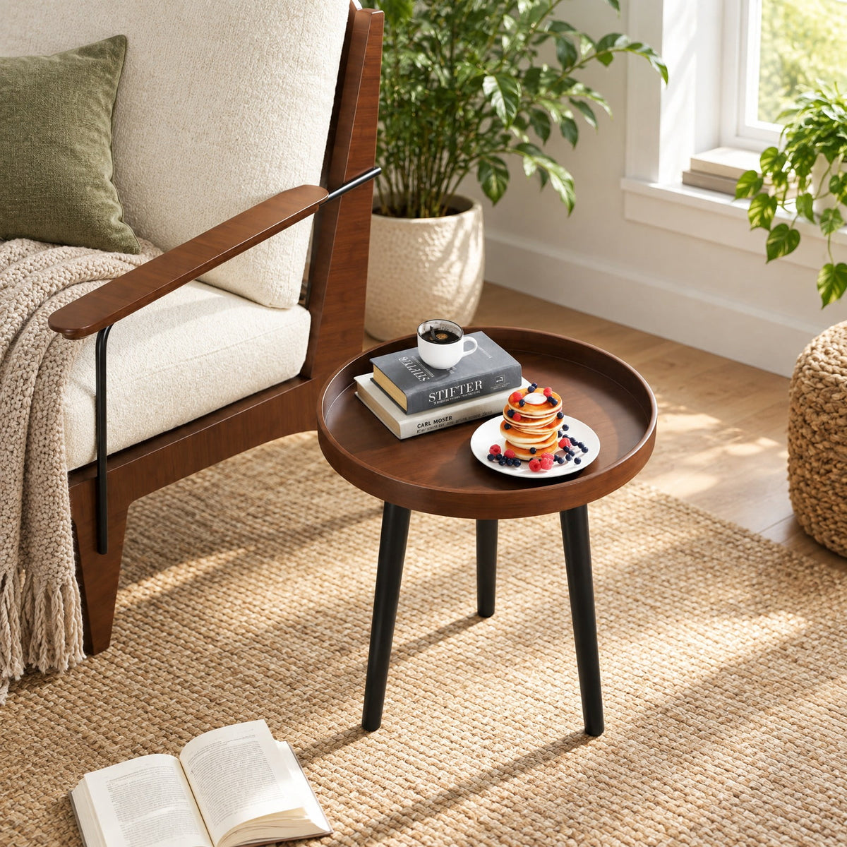 Airfind Mid Century Modern Round Side Sofa Coffee Table with Wooden Tray, 33 lbs Capacity, MDF panel bamboo feet Frame, Brown