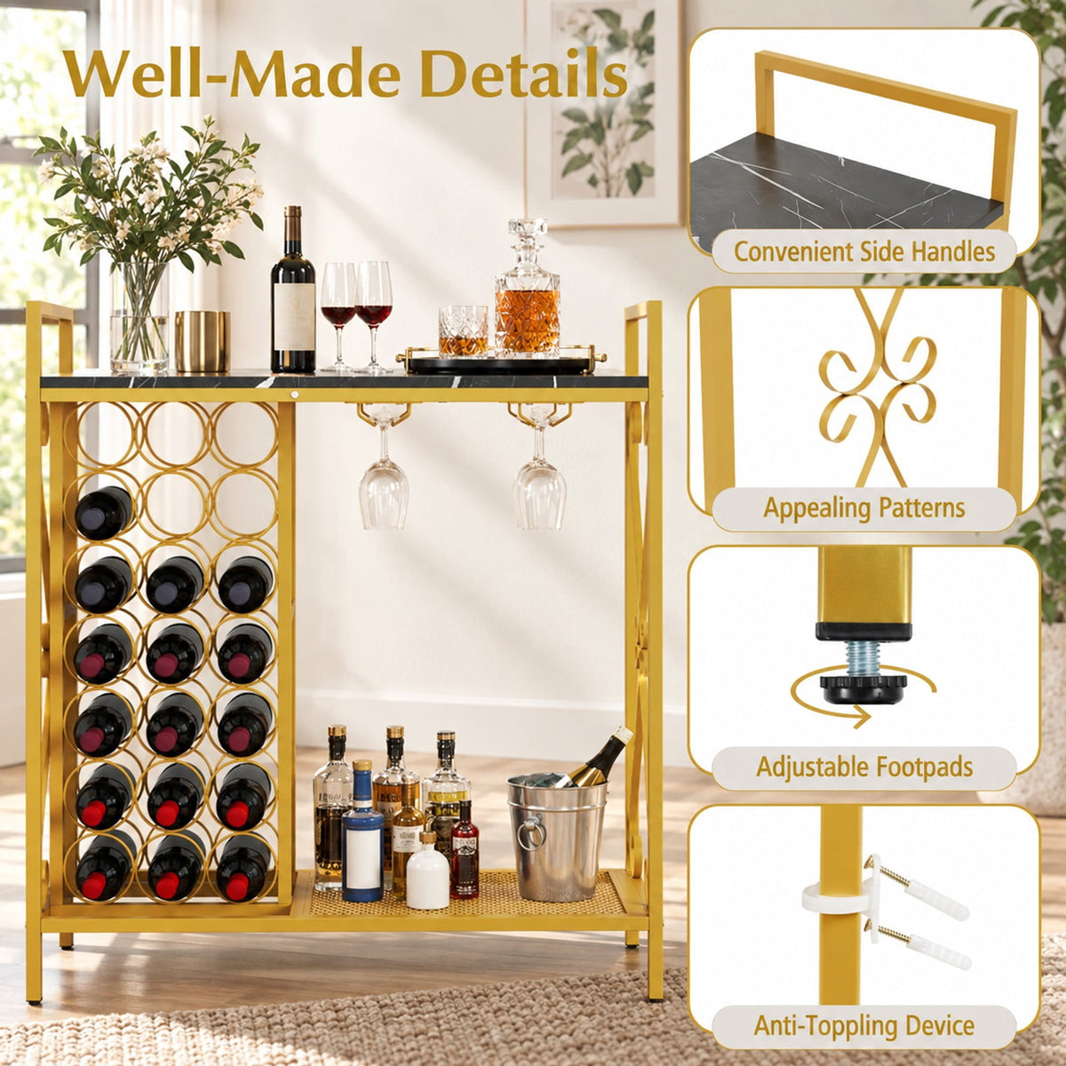 Airfind 21 Bottle Wine Rack Freestanding Floor Wine Bottle Organizer with Glass Holder, 44 lbs Capacity, Metal Engineered Wood Frame, Rustic Brown