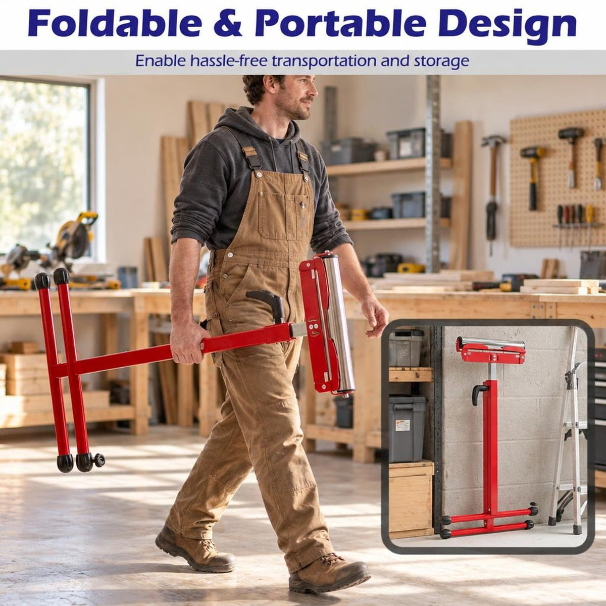 Airfind 2-Pack Folding Roller Stands Portable Outfeed Supports with Adjustable Height, 250 lbs Capacity, Metal ABS PE PP Frame, Red
