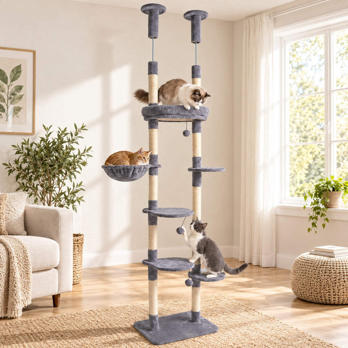 Airfind 6-tier Floor to Ceiling Cat Tree with Plush Bed and Sisal Scratching Posts, 33 kg Capacity, Plywood Plush Metal Sisal Rope Frame, Grey