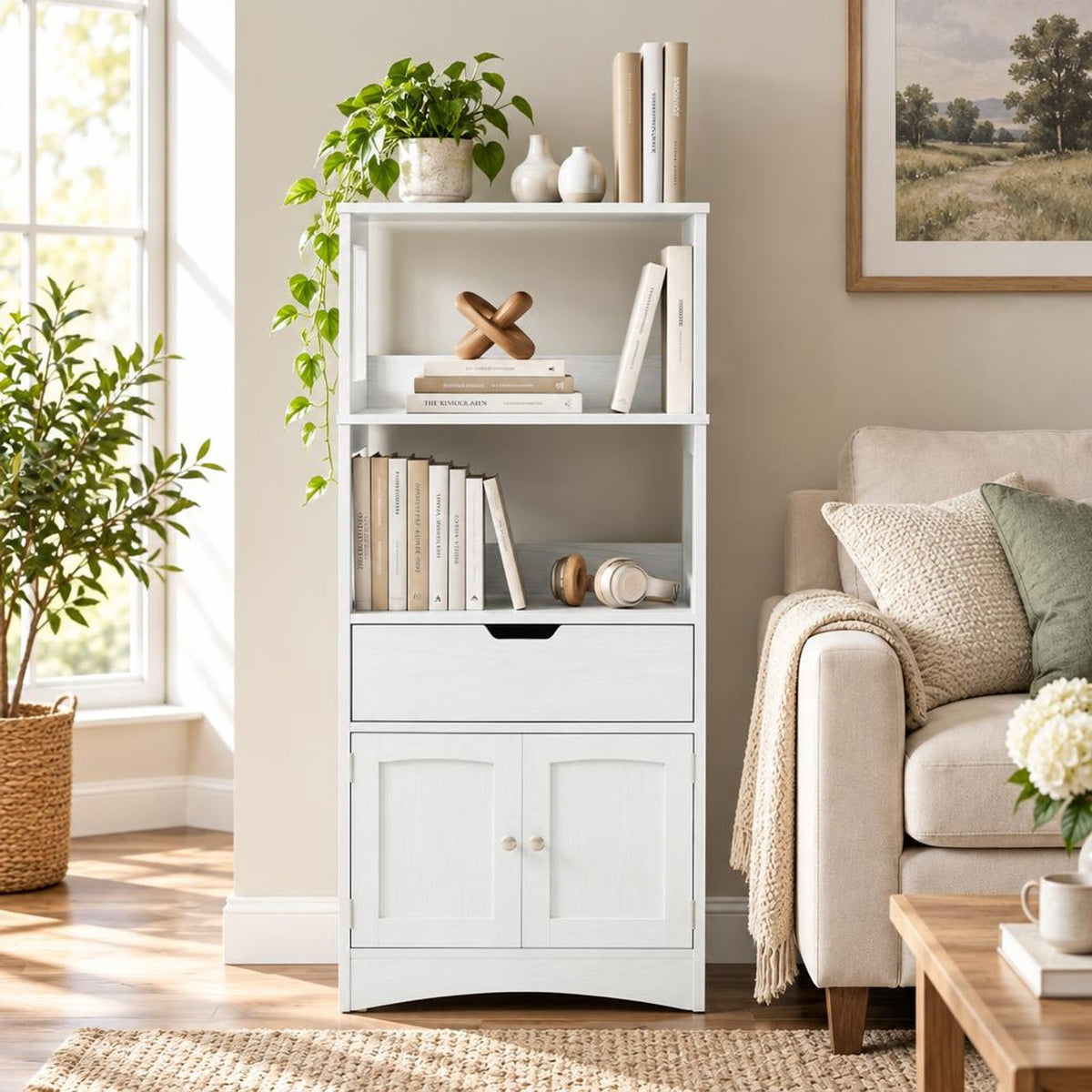 Airfind Bathroom Storage Cabinet with Drawer and Shelf Floor Cabinet, 20 lbs Capacity, MDF PB Frame, White