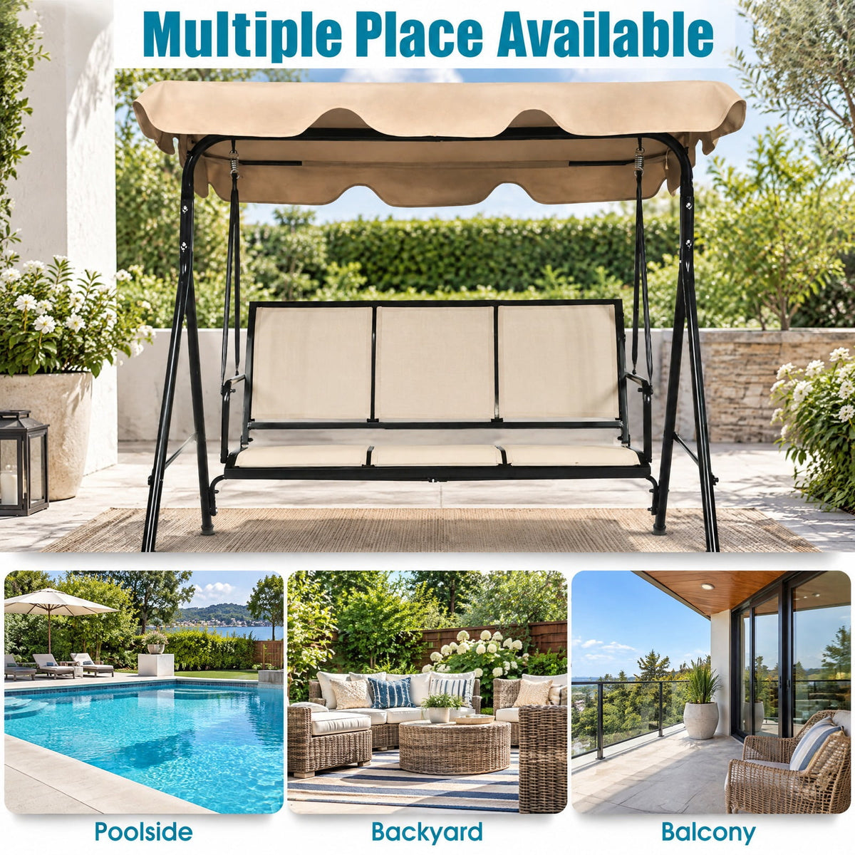 Airfind 3 Person Steel Frame Patio Swing with Polyester Angle and Adjustable Canopy, 550 lbs Capacity, Steel textile fiber polyester Frame, Brown