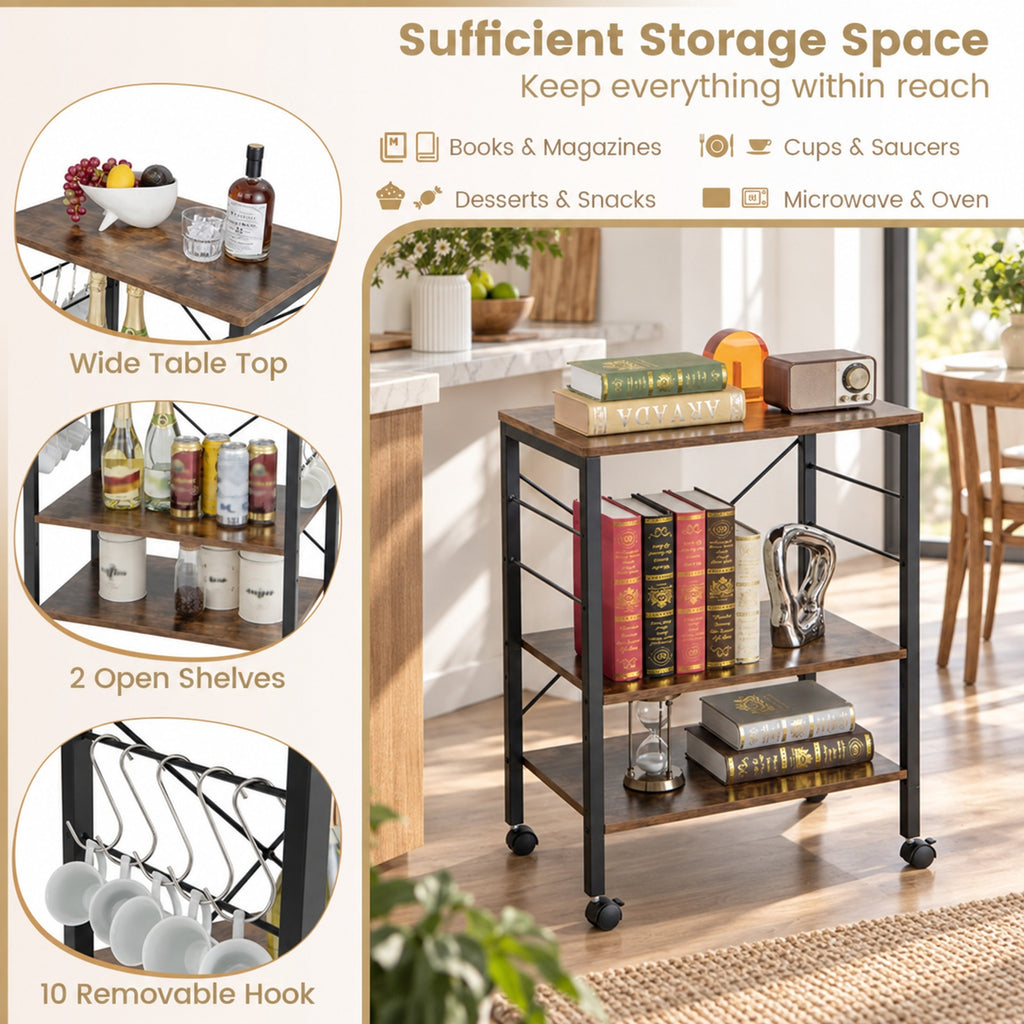 Airfind 3-Tier Kitchen Bakers Rack Microwave Oven Storage Cart with Hooks, 44 lbs Weight capacity of each shelf: 22 lbs Capacity, Iron Frame, Brown