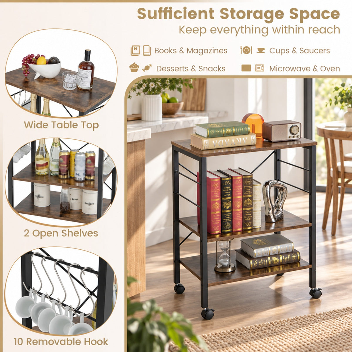 Airfind 3-Tier Kitchen Bakers Rack Microwave Oven Storage Cart with Hooks, 44 lbs Weight capacity of each shelf: 22 lbs Capacity, Iron Frame, Brown