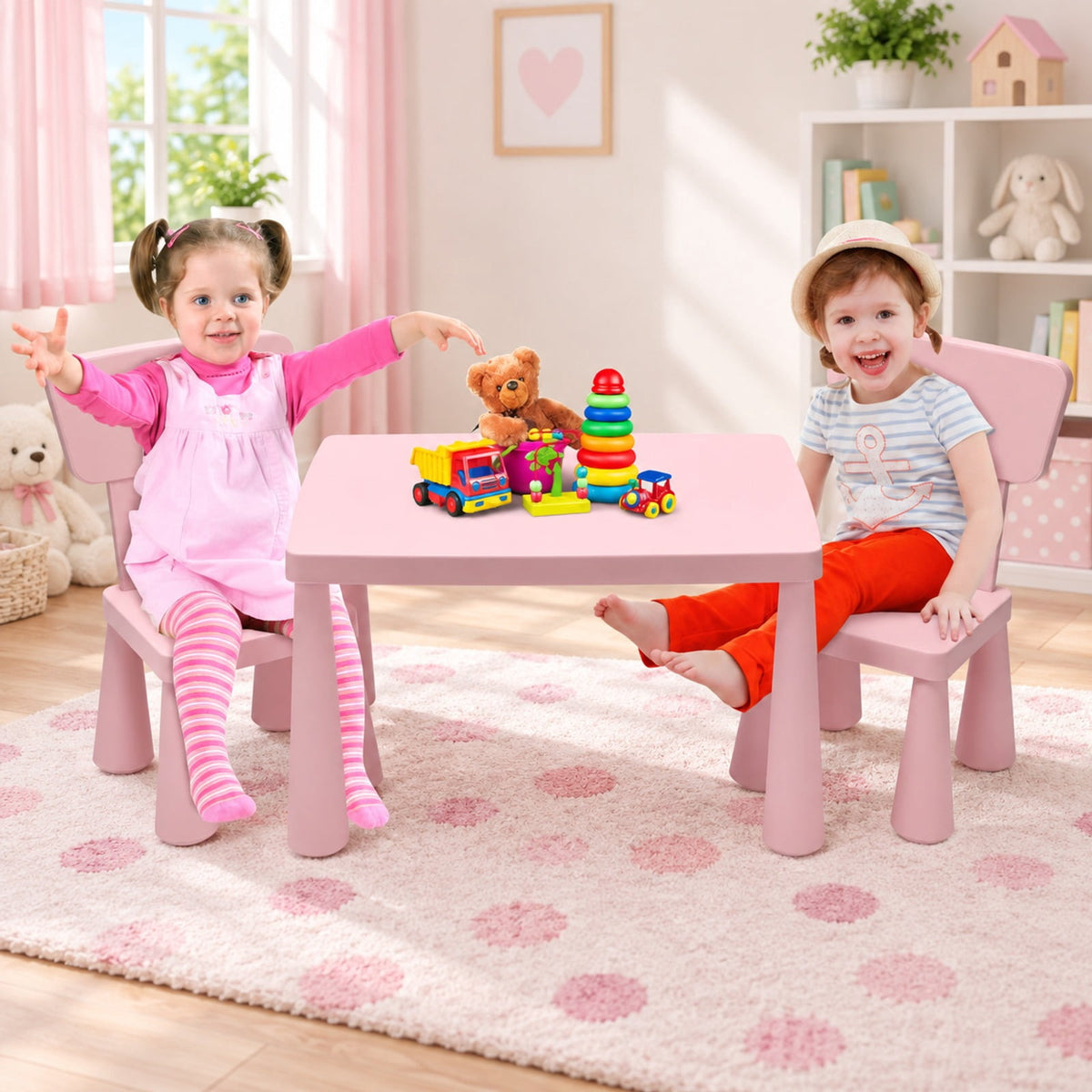 Airfind 3 Pieces Toddler Multi Activity Play Dining Study Kids Table and Chair Set, 110 lbs Capacity, PP Frame, 30 Inch x 21 Inch x 19 Inch Footprint, Pink