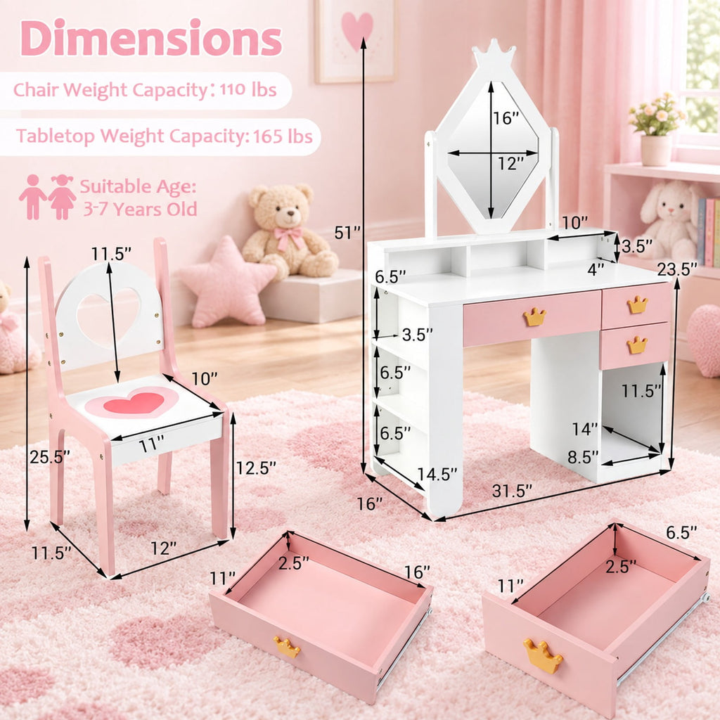 Airfind Kids Vanity Set with Crown Mirror and Chair for Girls, 110 lbsChair Capacity, 31.5in x 16in x 51inTabletop Footprint, White
