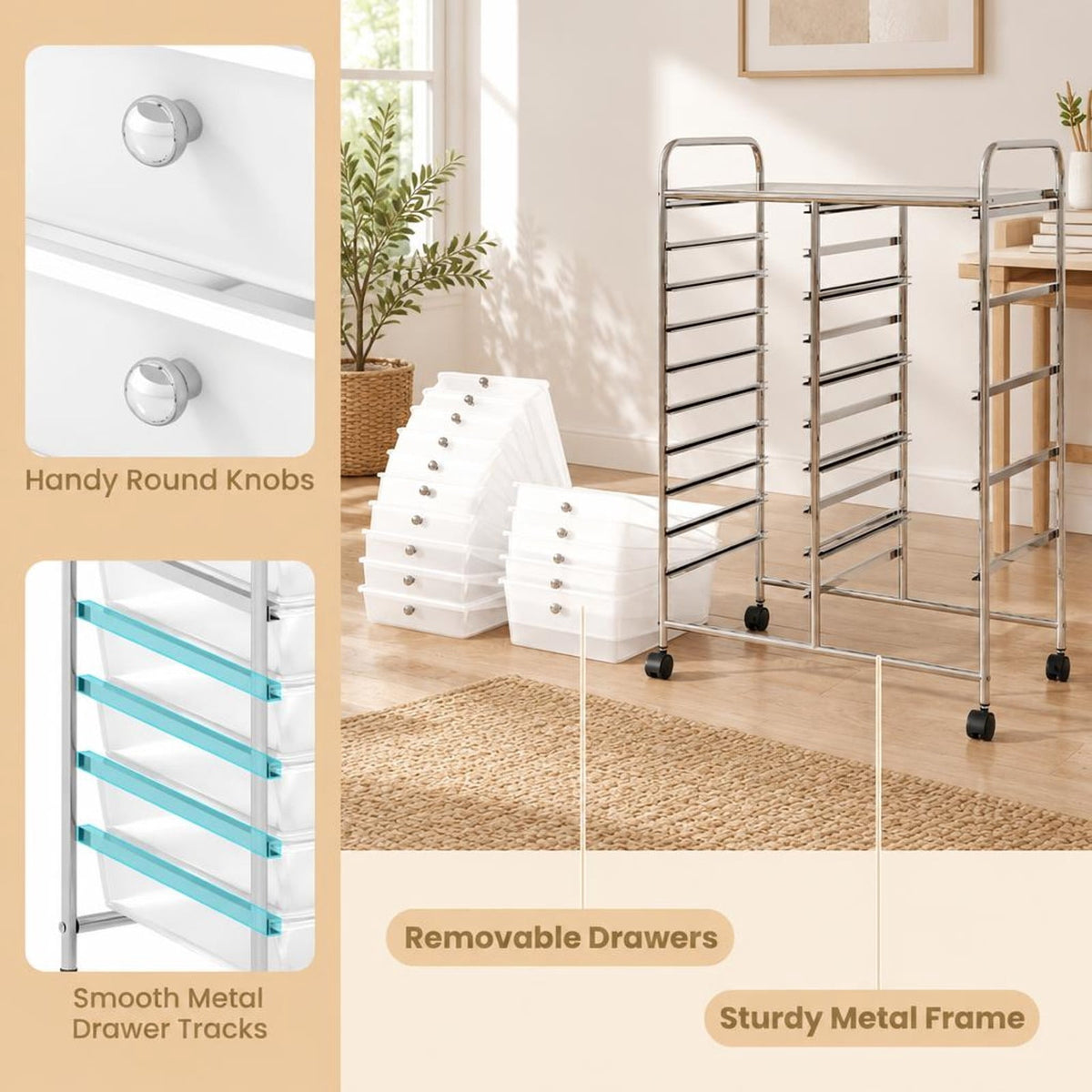 Airfind Rolling Storage Cart 15-Drawer Trolley with Chrome Plated Metal Frame, 22 lbs Capacity, Metal PP Frame, 24.5 × 15 × 38 Footprint