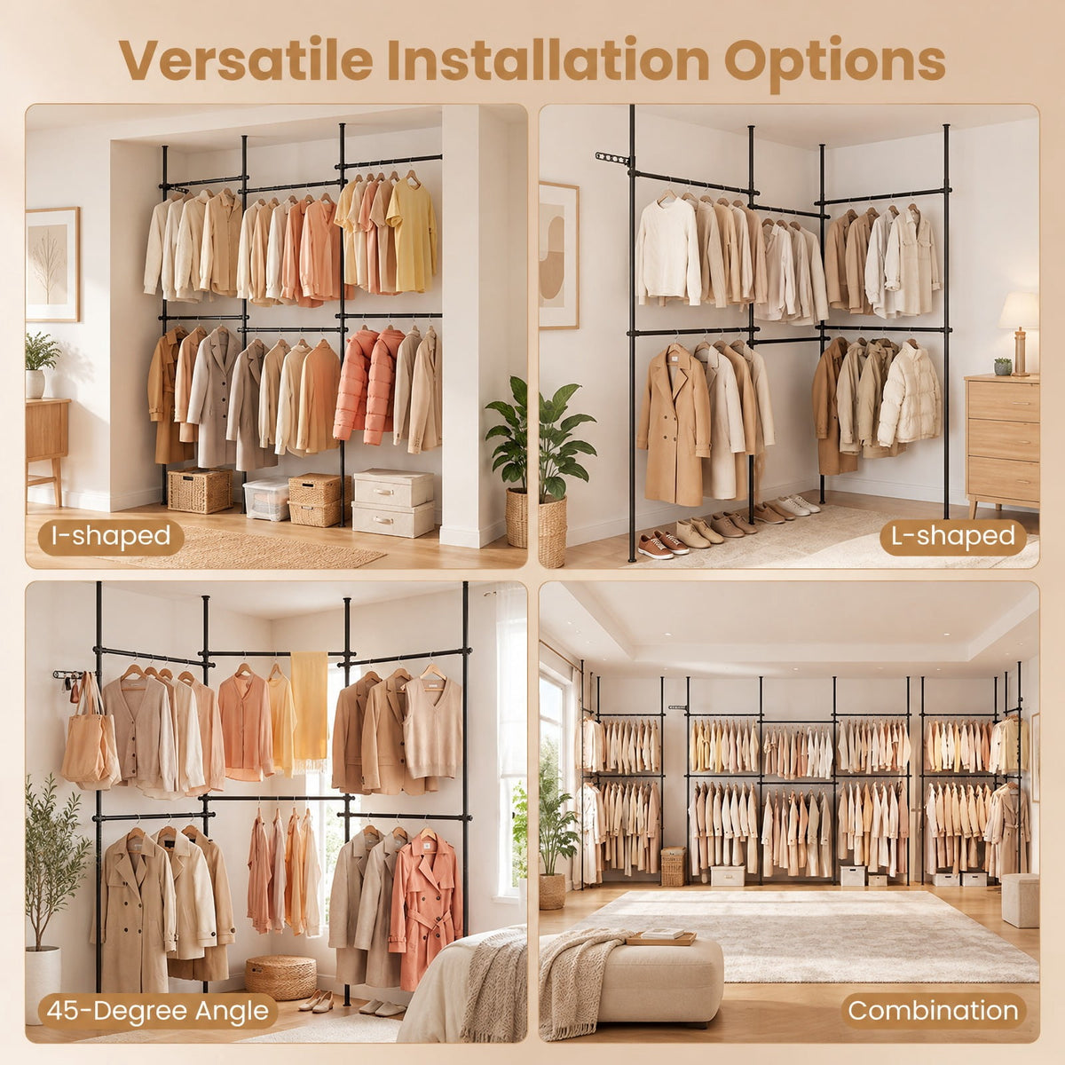 Airfind Adjustable Floor to Ceiling Clothes Rack with 6 Hanging Rods, Metal ABS Overall Frame, Black