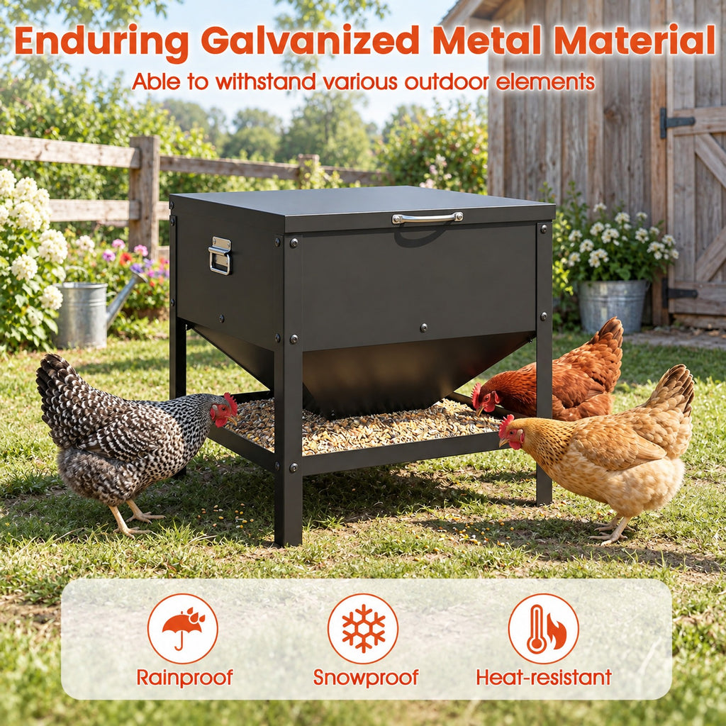 Airfind Large Capacity Chicken Feeding Box with Openable Lid, Galvanized Metal Stainless Steel for Convenient Everyday Use, Black