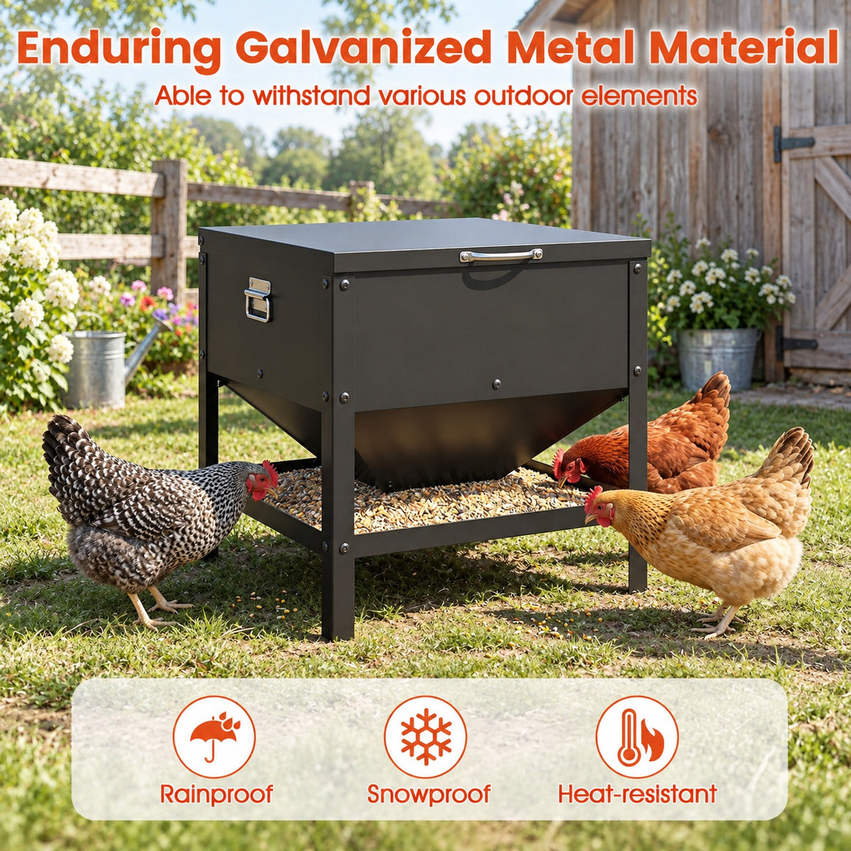 Airfind Large Capacity Chicken Feeding Box with Openable Lid, Galvanized Metal Stainless Steel for Convenient Everyday Use, Black